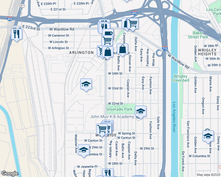 map of restaurants, bars, coffee shops, grocery stores, and more near 3318 Santa Fe Avenue in Long Beach
