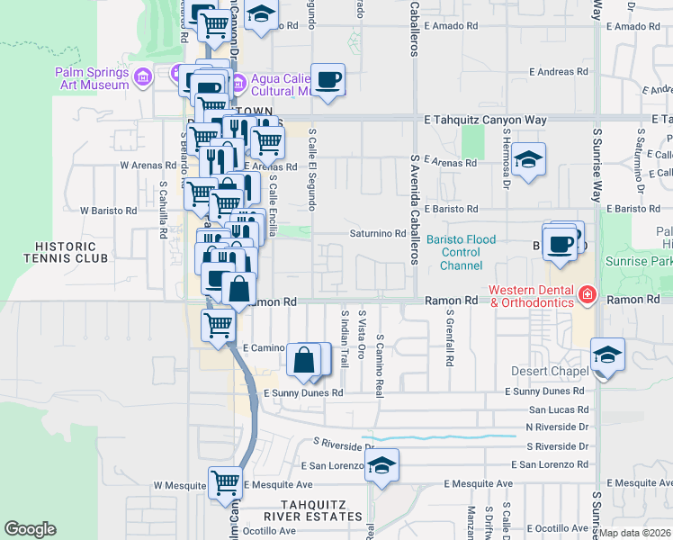 map of restaurants, bars, coffee shops, grocery stores, and more near 437 Copper Canyon Road in Palm Springs