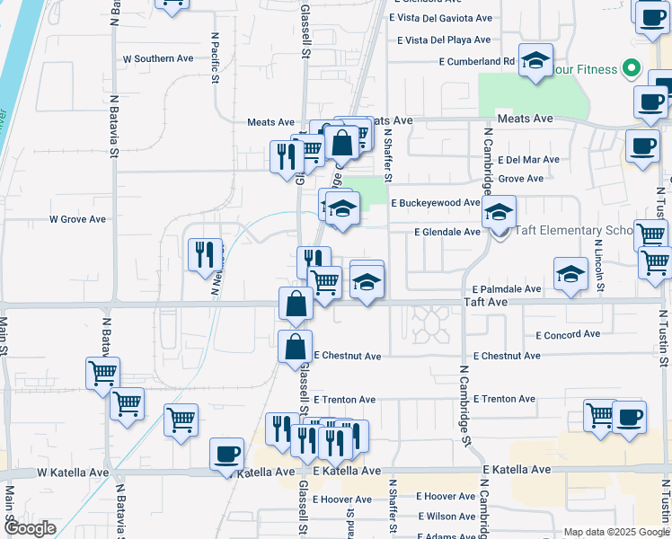 map of restaurants, bars, coffee shops, grocery stores, and more near 138 East Briardale Avenue in Orange