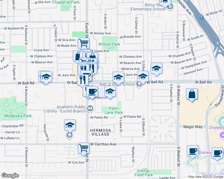 map of restaurants, bars, coffee shops, grocery stores, and more near 1210 South Loara Street in Anaheim