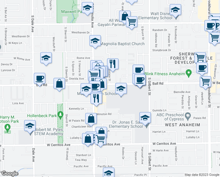 map of restaurants, bars, coffee shops, grocery stores, and more near 2544 West Ball Road in Anaheim