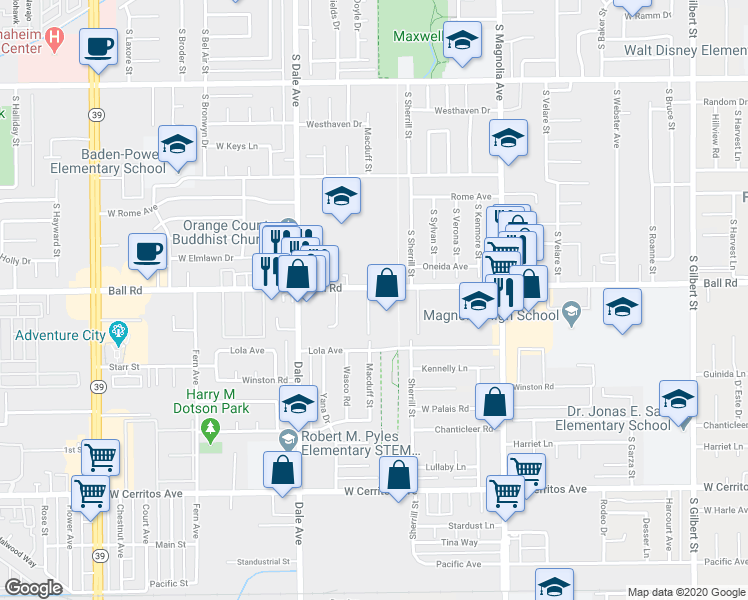 map of restaurants, bars, coffee shops, grocery stores, and more near in Anaheim