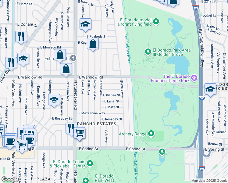 map of restaurants, bars, coffee shops, grocery stores, and more near 7209 East Premium Street in Long Beach