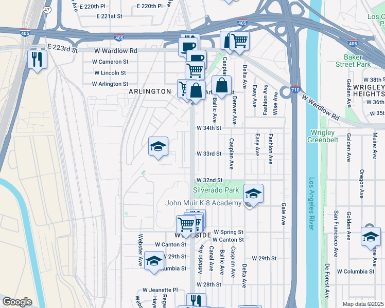 map of restaurants, bars, coffee shops, grocery stores, and more near 1223 West 33rd Street in Long Beach