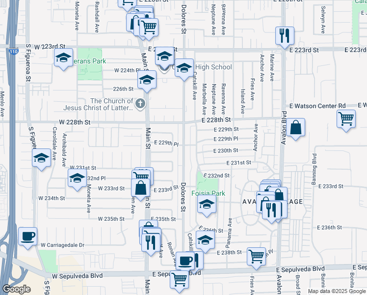 map of restaurants, bars, coffee shops, grocery stores, and more near 241 East 229th Place in Carson