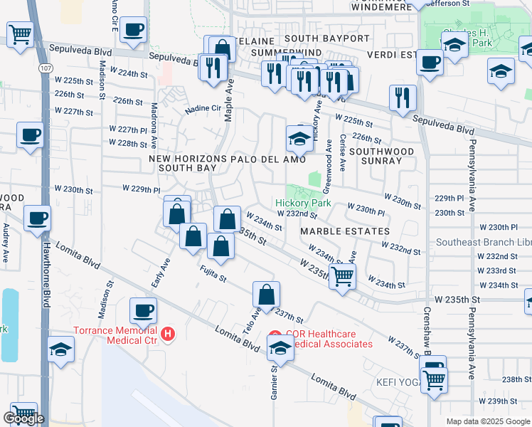 map of restaurants, bars, coffee shops, grocery stores, and more near 2885 West 232nd Street in Torrance