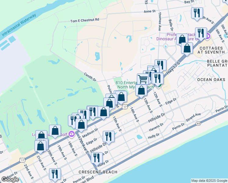 map of restaurants, bars, coffee shops, grocery stores, and more near 47-F Possum Trot Road in North Myrtle Beach