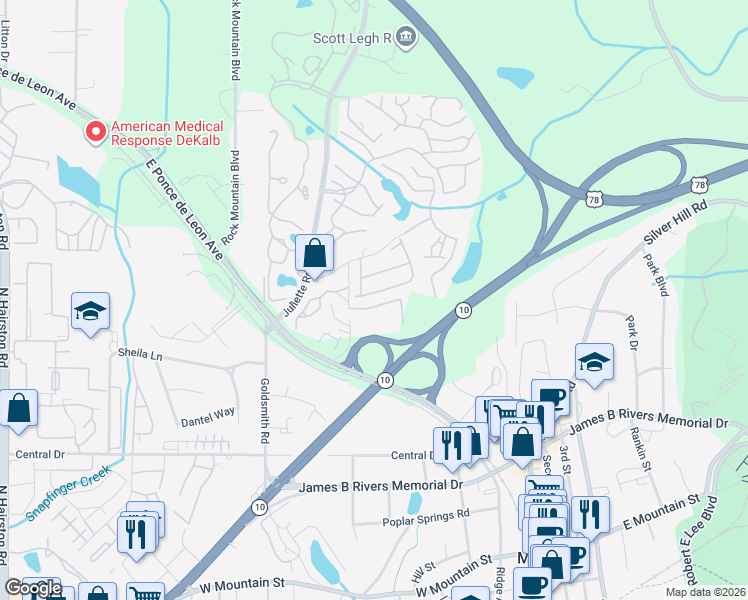 map of restaurants, bars, coffee shops, grocery stores, and more near 5123 Madeline Place in Stone Mountain