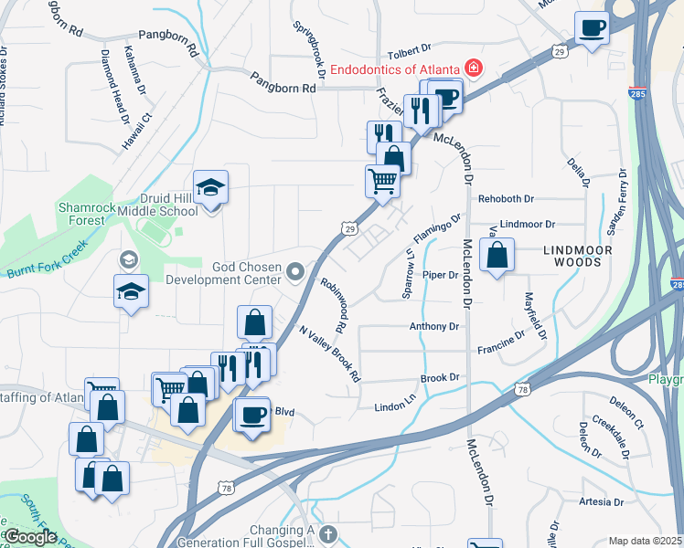 map of restaurants, bars, coffee shops, grocery stores, and more near 2411 Lawrenceville Highway in Decatur