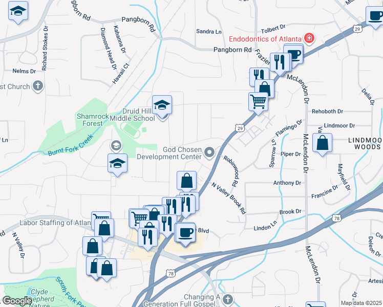 map of restaurants, bars, coffee shops, grocery stores, and more near 2909 Harcourt Drive in Decatur