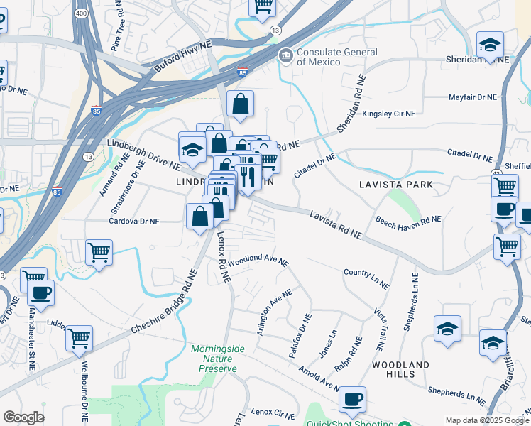 map of restaurants, bars, coffee shops, grocery stores, and more near 1197 Lavista Road Northeast in Atlanta
