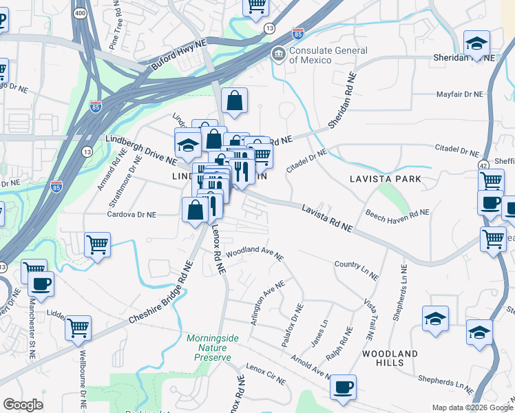 map of restaurants, bars, coffee shops, grocery stores, and more near 1210 Lavista Circle Northeast in Atlanta