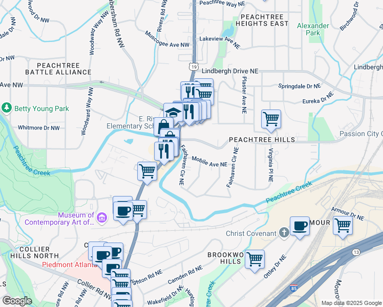 map of restaurants, bars, coffee shops, grocery stores, and more near 45 Peachtree Hills Avenue Northeast in Atlanta