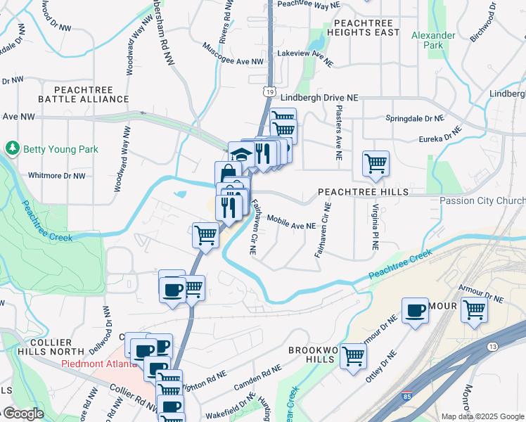 map of restaurants, bars, coffee shops, grocery stores, and more near 11 Peachtree Hills Avenue Northeast in Atlanta