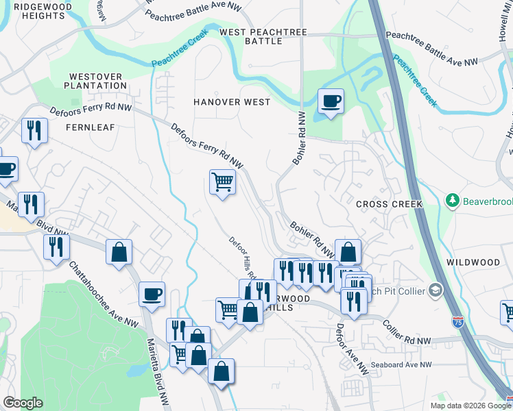 map of restaurants, bars, coffee shops, grocery stores, and more near 1200 Glendeven Ct NW in Atlanta