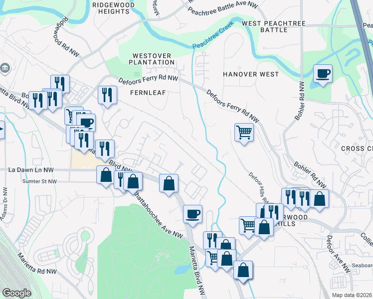 map of restaurants, bars, coffee shops, grocery stores, and more near 1469 Liberty Parkway Northwest in Atlanta