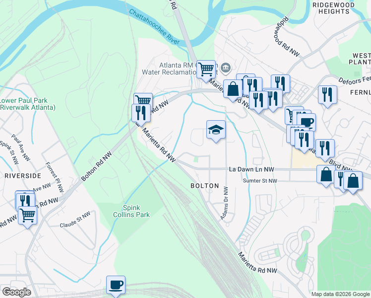 map of restaurants, bars, coffee shops, grocery stores, and more near 2251 Harry Brooks Drive North West in Atlanta