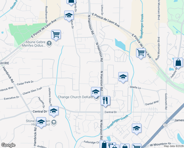 map of restaurants, bars, coffee shops, grocery stores, and more near 1305 Old Countryside Circle in Stone Mountain