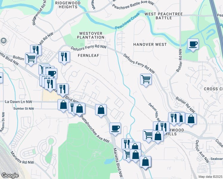 map of restaurants, bars, coffee shops, grocery stores, and more near 1469 Liberty Parkway Northwest in Atlanta