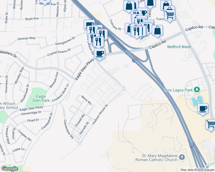 map of restaurants, bars, coffee shops, grocery stores, and more near 3978 Lavine Way in Corona