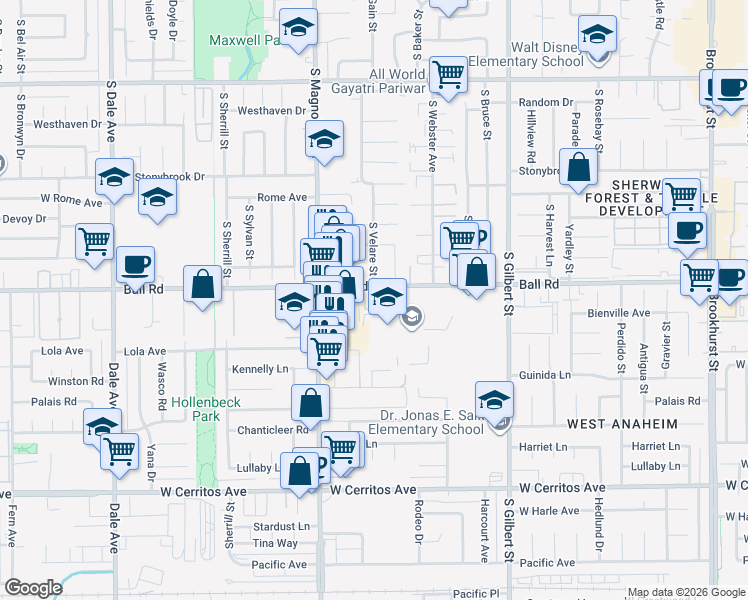 map of restaurants, bars, coffee shops, grocery stores, and more near 2544 West Ball Road in Anaheim