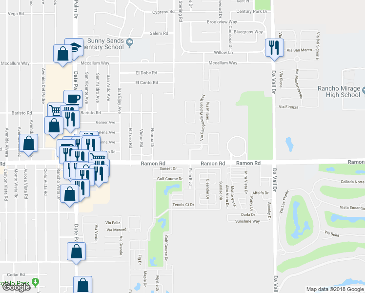 map of restaurants, bars, coffee shops, grocery stores, and more near 536 Via Assisi in Cathedral City