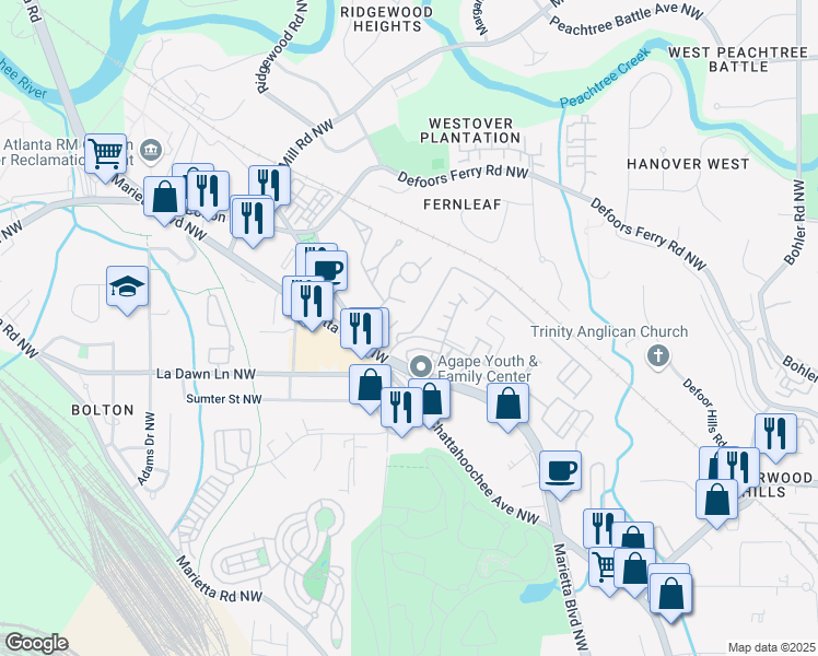 map of restaurants, bars, coffee shops, grocery stores, and more near 1009 Liberty Parkway Northwest in Atlanta