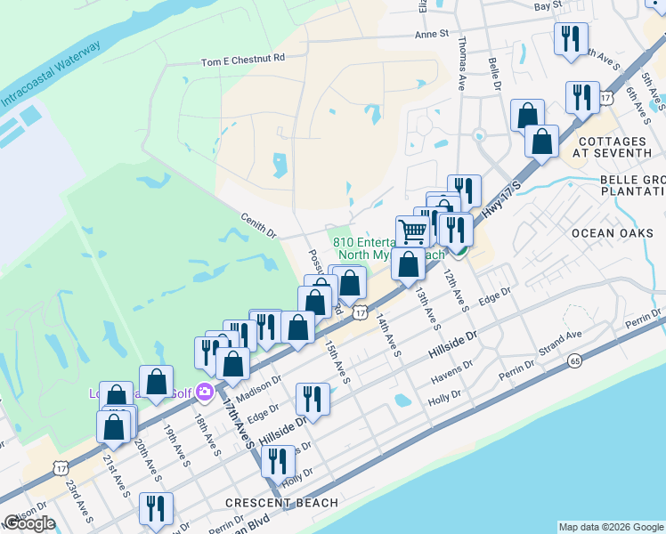 map of restaurants, bars, coffee shops, grocery stores, and more near 47-F Possum Trot Road in North Myrtle Beach