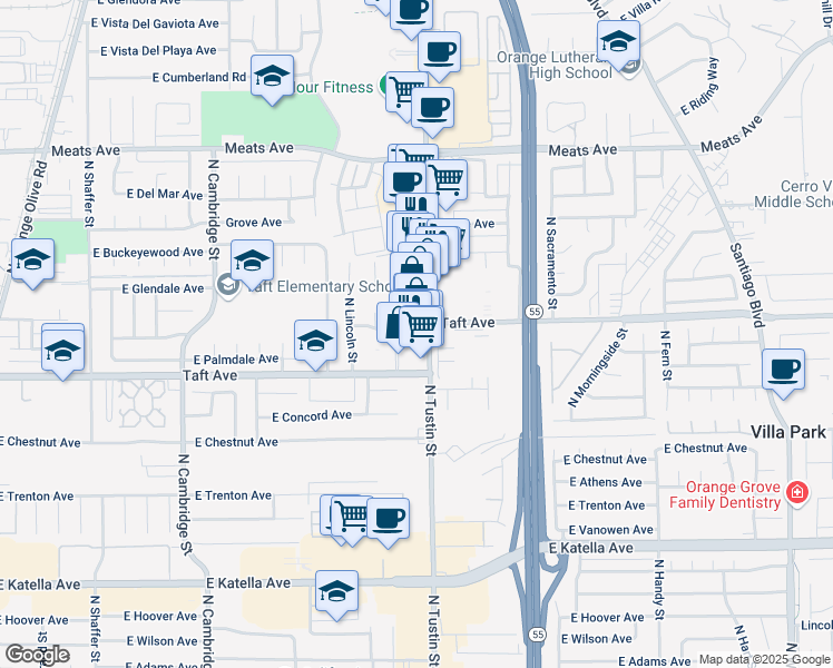 map of restaurants, bars, coffee shops, grocery stores, and more near 1791 North Shattuck Place in Orange