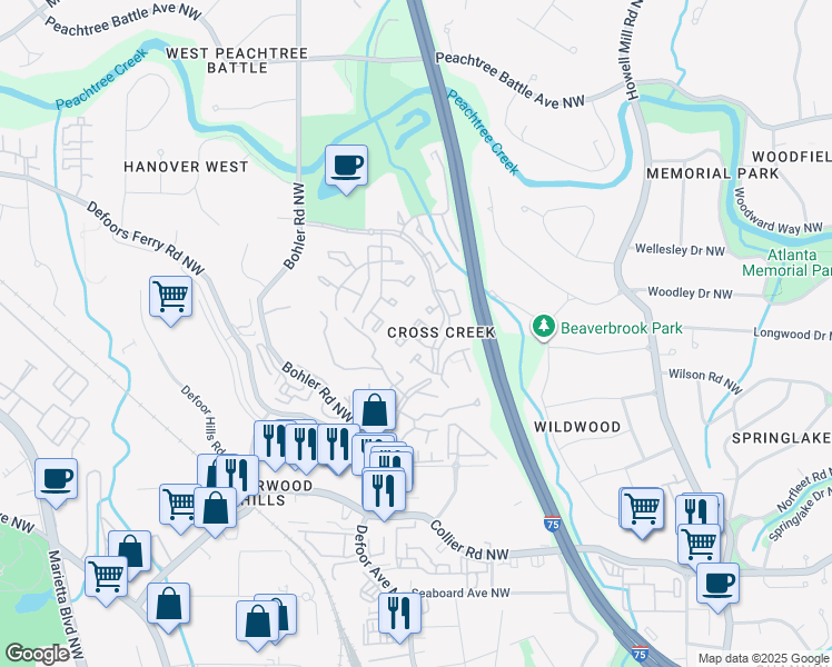 map of restaurants, bars, coffee shops, grocery stores, and more near 81 La Rue Place Northwest in Atlanta