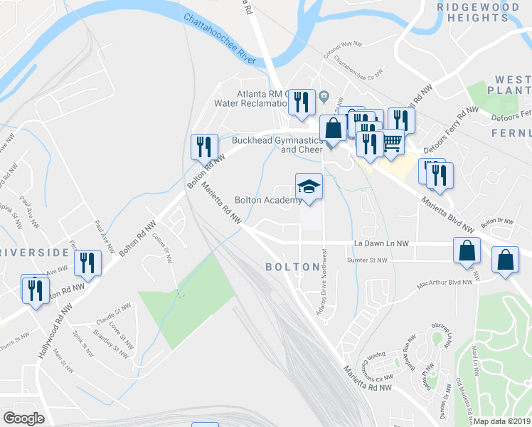 map of restaurants, bars, coffee shops, grocery stores, and more near 2251 Harry Brooks Drive North West in Atlanta