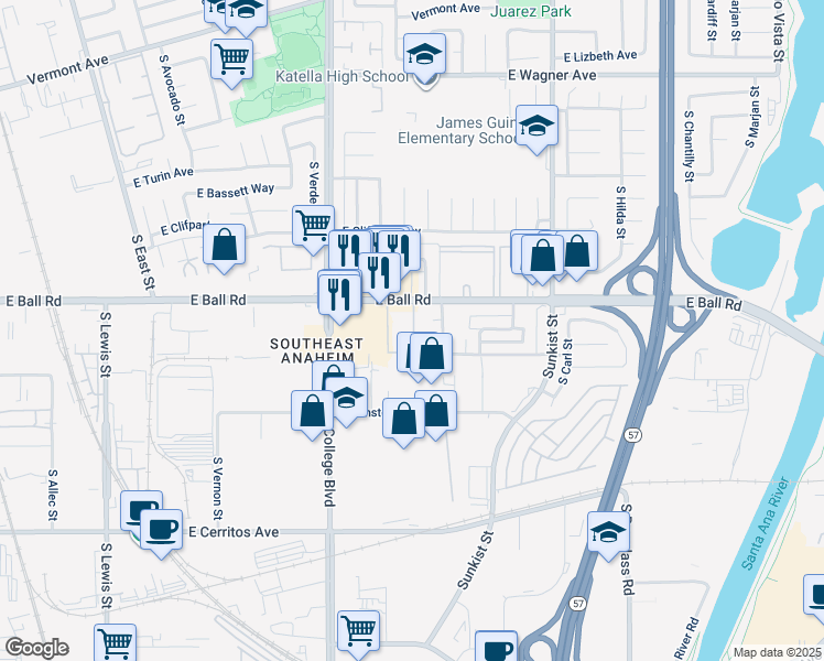 map of restaurants, bars, coffee shops, grocery stores, and more near 2200 East Ball Road in Anaheim