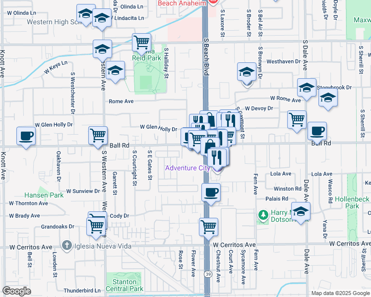 map of restaurants, bars, coffee shops, grocery stores, and more near 3030 West Ball Road in Anaheim