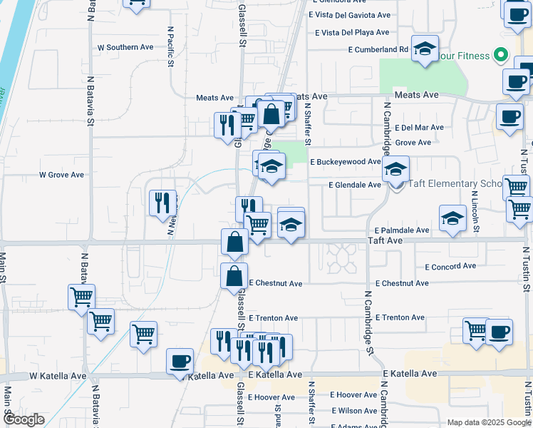 map of restaurants, bars, coffee shops, grocery stores, and more near 138 East Briardale Avenue in Orange