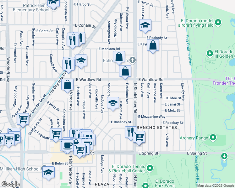 map of restaurants, bars, coffee shops, grocery stores, and more near 6749 East Premium Street in Long Beach