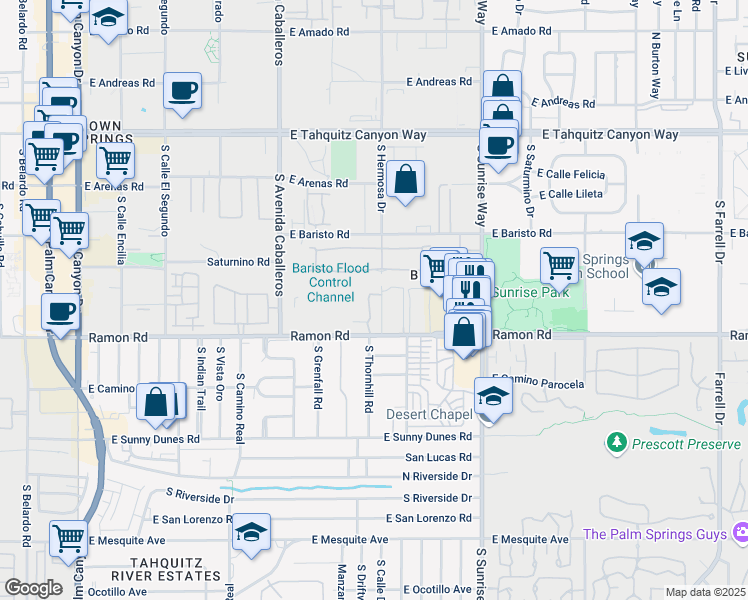map of restaurants, bars, coffee shops, grocery stores, and more near 1268 Ramon Road in Palm Springs