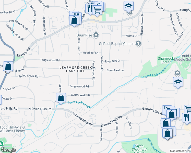map of restaurants, bars, coffee shops, grocery stores, and more near 2469 Tanglewood Road in Decatur