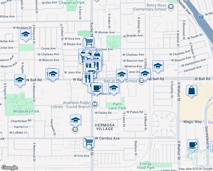map of restaurants, bars, coffee shops, grocery stores, and more near Palm Way in Anaheim