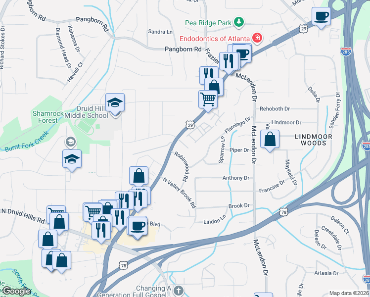 map of restaurants, bars, coffee shops, grocery stores, and more near 2411 Lawrenceville Highway in Decatur