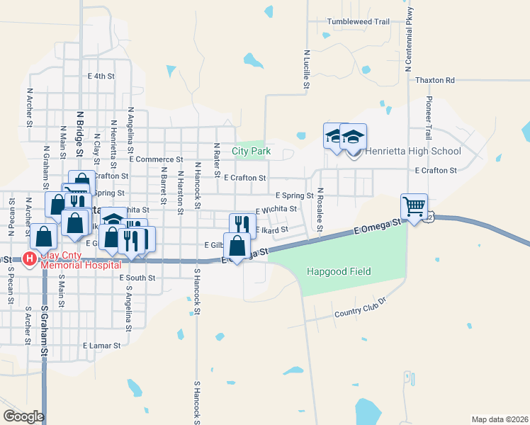 map of restaurants, bars, coffee shops, grocery stores, and more near 207 North King Street in Henrietta