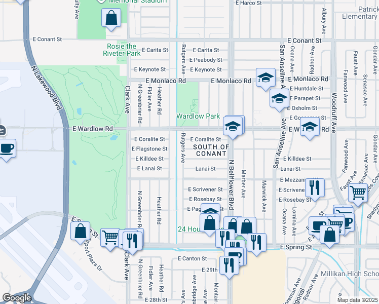 map of restaurants, bars, coffee shops, grocery stores, and more near 5312 East Flagstone Street in Long Beach