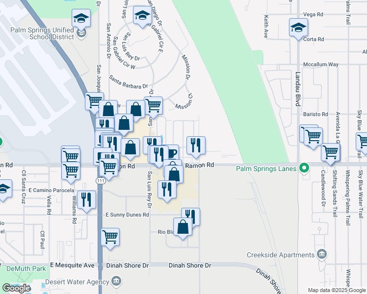 map of restaurants, bars, coffee shops, grocery stores, and more near Agua Caliente Trail in Cathedral City