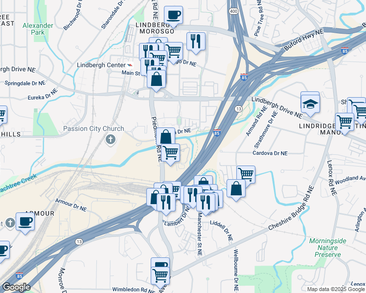 map of restaurants, bars, coffee shops, grocery stores, and more near 124 Lakeshore Drive Northeast in Atlanta