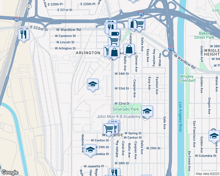 map of restaurants, bars, coffee shops, grocery stores, and more near 3301 Santa Fe Avenue in Long Beach