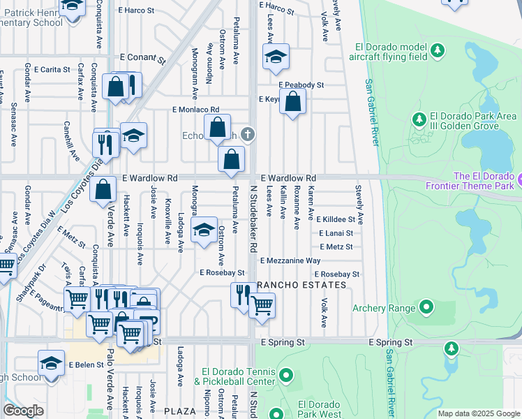 map of restaurants, bars, coffee shops, grocery stores, and more near 3350 Lees Avenue in Long Beach