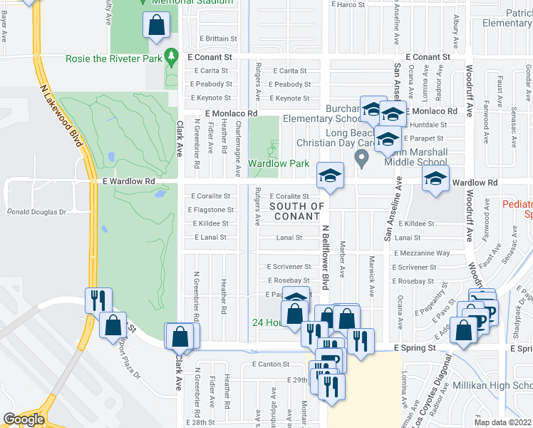 map of restaurants, bars, coffee shops, grocery stores, and more near 5312 East Flagstone Street in Long Beach