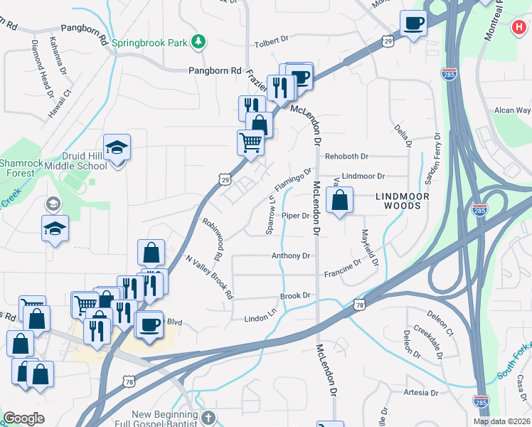 map of restaurants, bars, coffee shops, grocery stores, and more near 3079 Flamingo Drive in Decatur