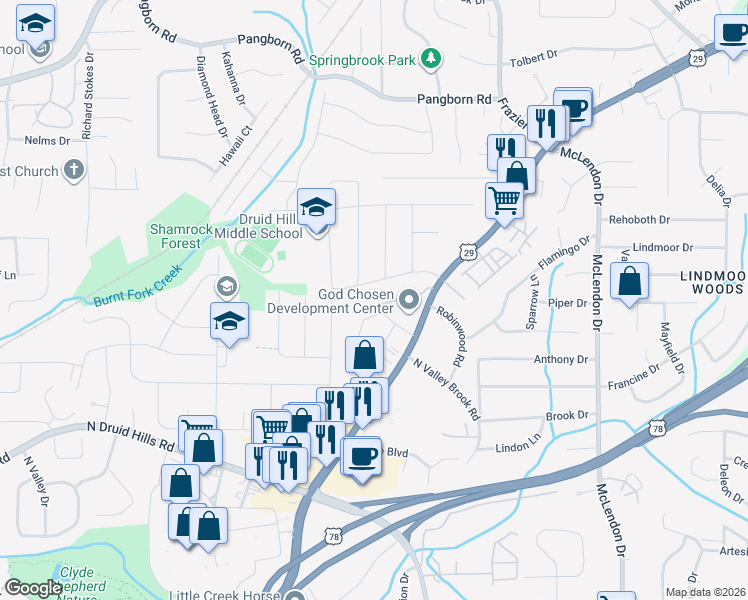map of restaurants, bars, coffee shops, grocery stores, and more near 2909 Harcourt Drive in Decatur