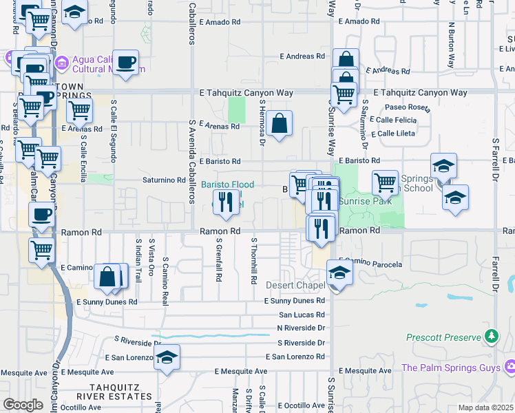 map of restaurants, bars, coffee shops, grocery stores, and more near 1268 Ramon Road in Palm Springs