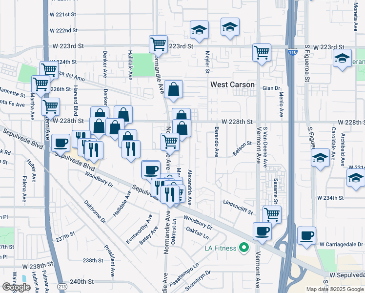 map of restaurants, bars, coffee shops, grocery stores, and more near 22919 Mariposa Avenue in Torrance